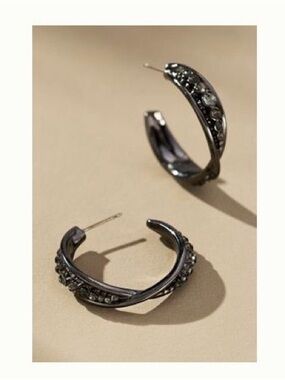 Anthropologie Gunmetal Crystal-Embellished Hoop Earrings